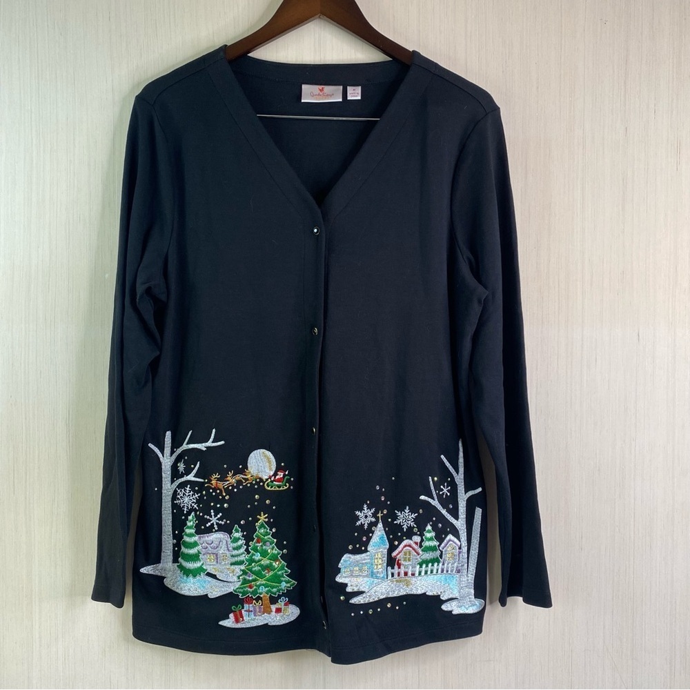 Quacker Factory Women’s Festive Holiday Cardigan Snap Front Embroidery Medium